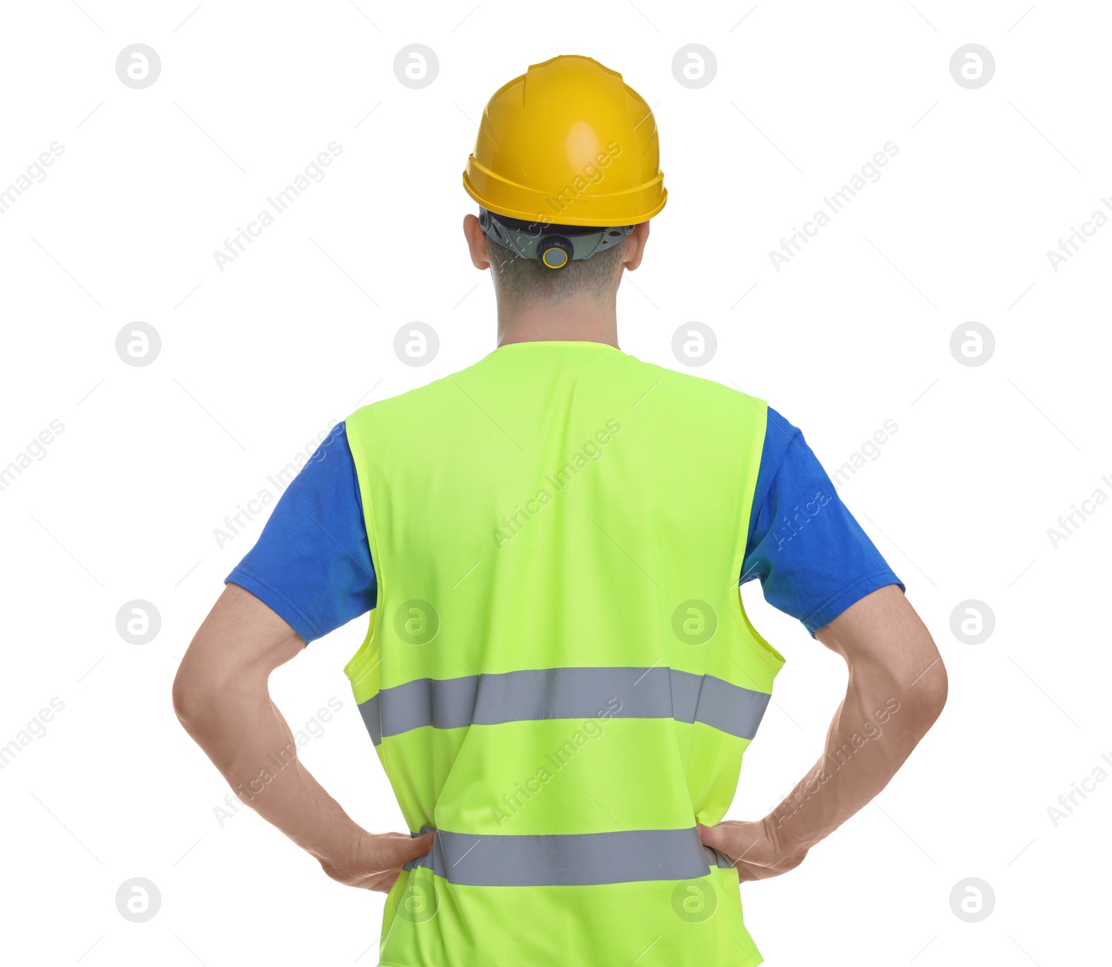 Photo of Young man wearing safety equipment on white background, back view