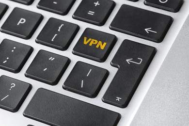 Button with abbreviation VPN on computer keyboard, closeup