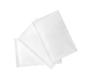 Three sachets on white background. Single use package