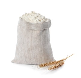 Photo of Sack with flour and wheat spikes on white background