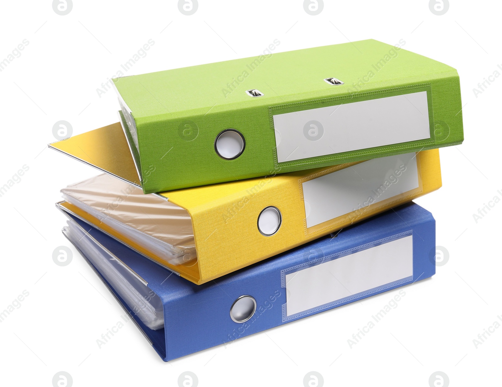 Photo of Many bright office folders isolated on white