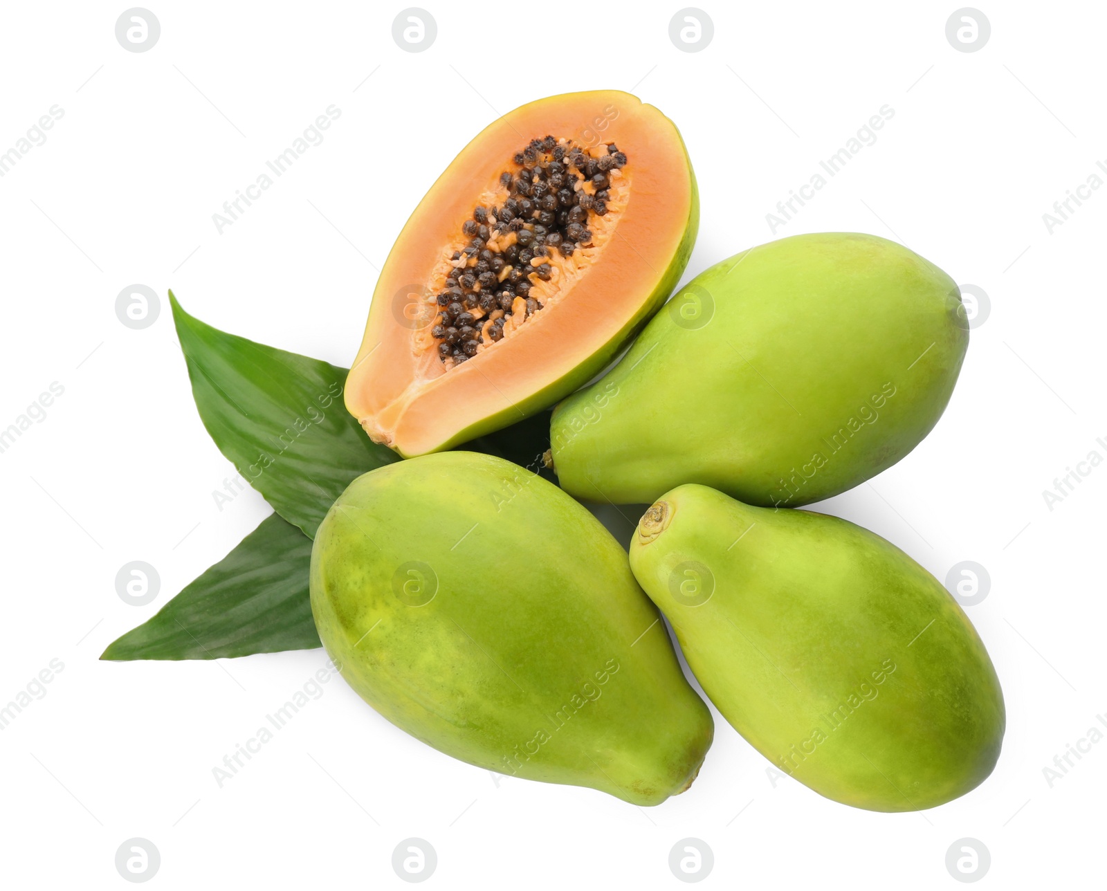 Photo of Fresh ripe papaya fruits with green leaves on white background, top view