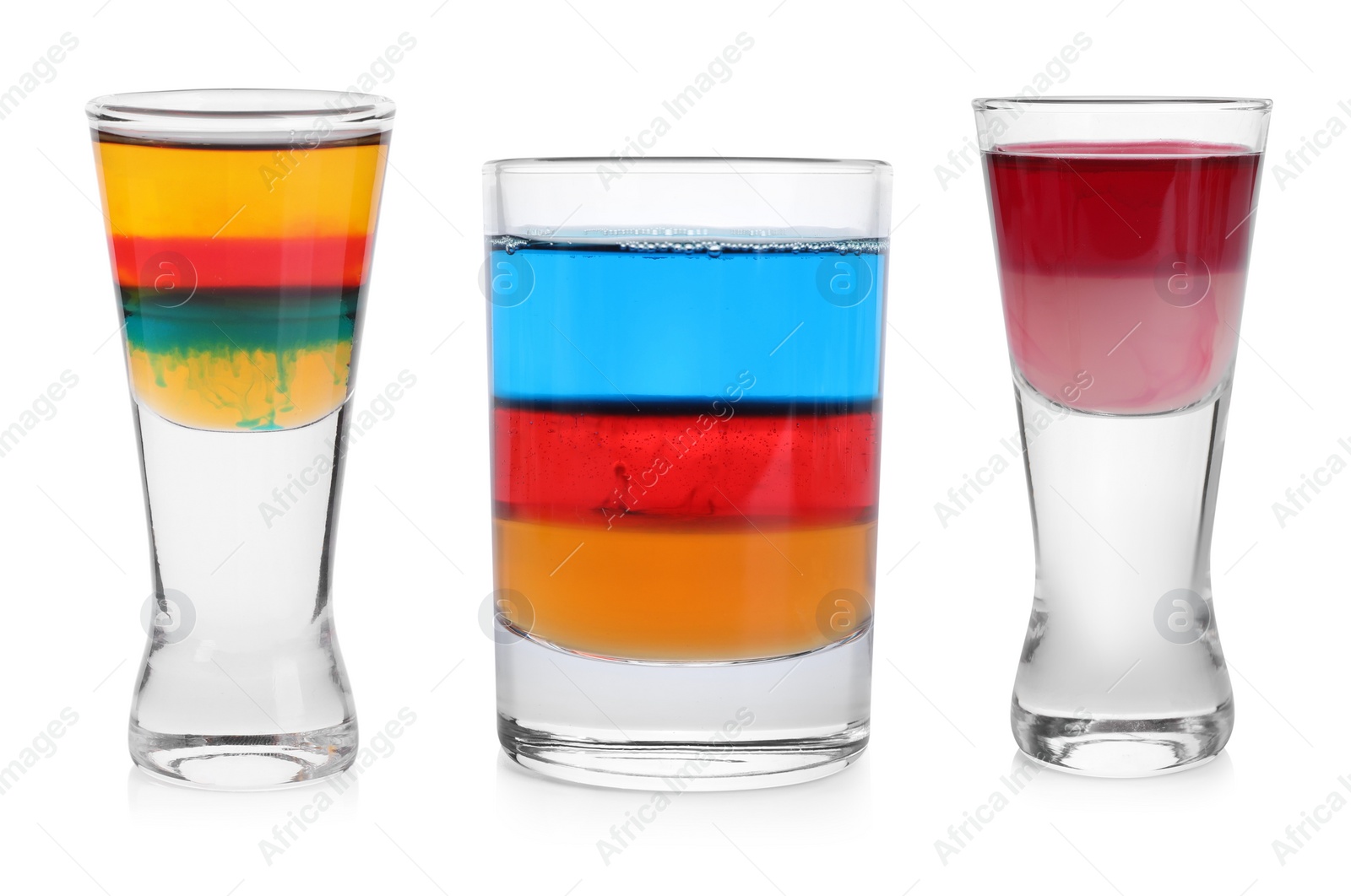 Image of Different shooters in shot glasses isolated on white, set