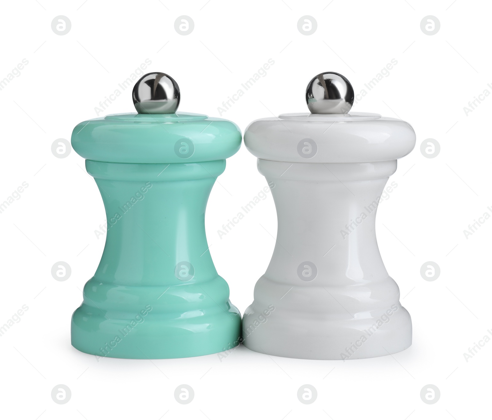 Photo of Salt and pepper shakers isolated on white