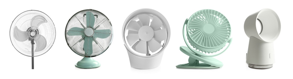 Image of Set of different fans on white background, banner design