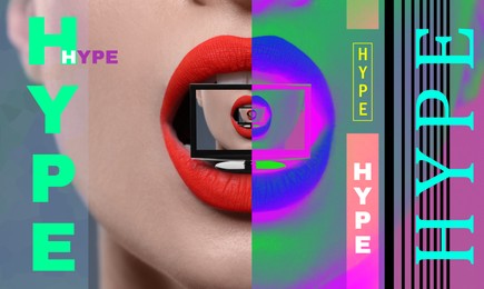 Image of Hype, creative artwork. Woman with red lips holding monitor in mouth, recursion effect
