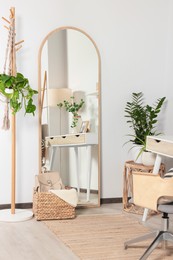 Modern room interior with large mirror and beautiful green plants