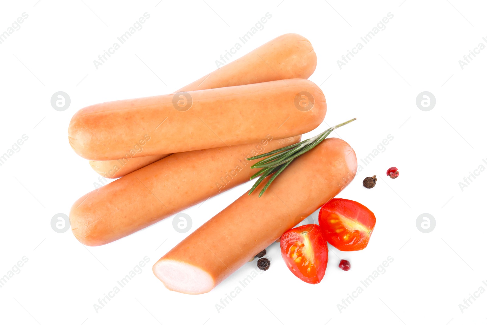 Photo of Tasty sausages on white background. Meat product