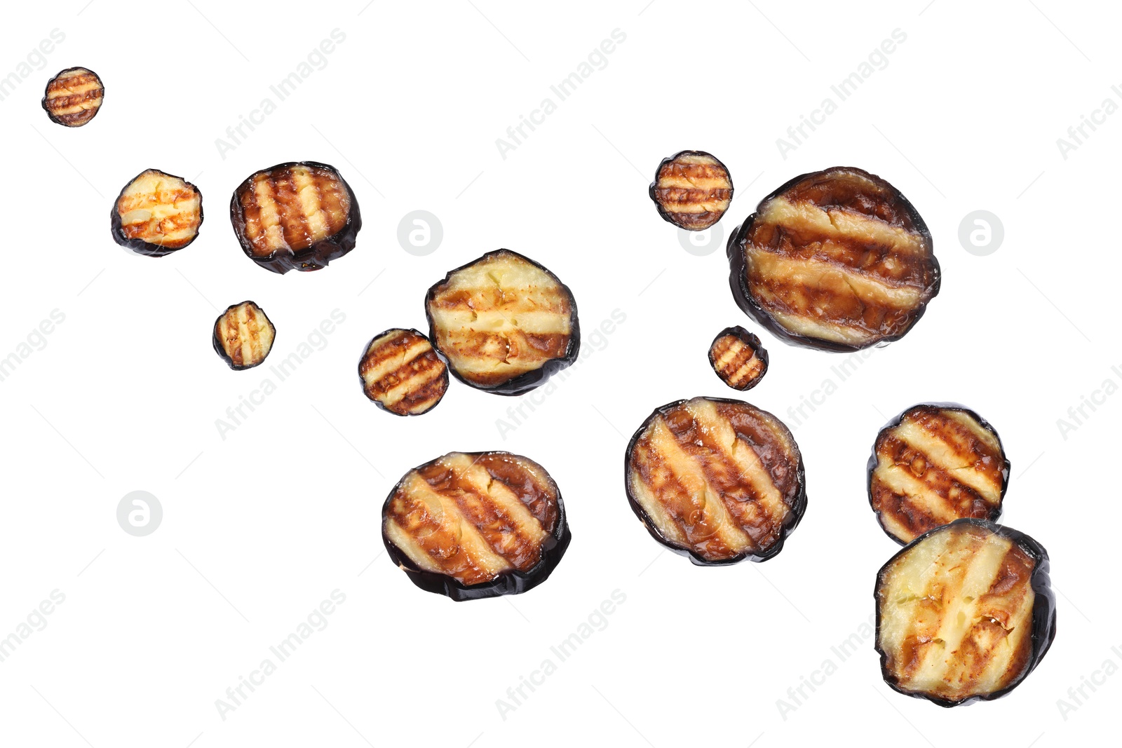 Image of Slices of grilled eggplants in air on white background