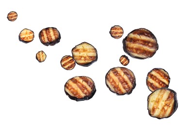 Image of Slices of grilled eggplants in air on white background