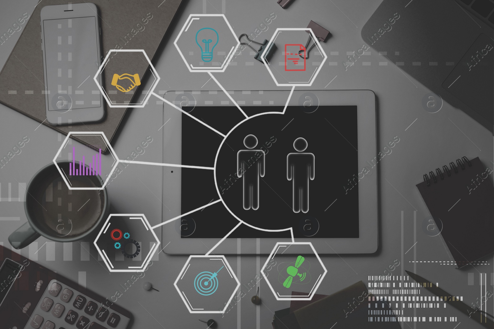 Image of Flat lay composition with tablet on table and scheme. Digital marketing concept