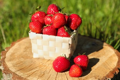 Photo of Basket and ripe strawberries on tree stump outdoors, closeup