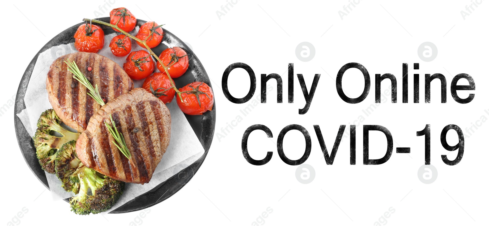 Image of Delicious beef medallions served with vegetables on white background. Online food delivery service