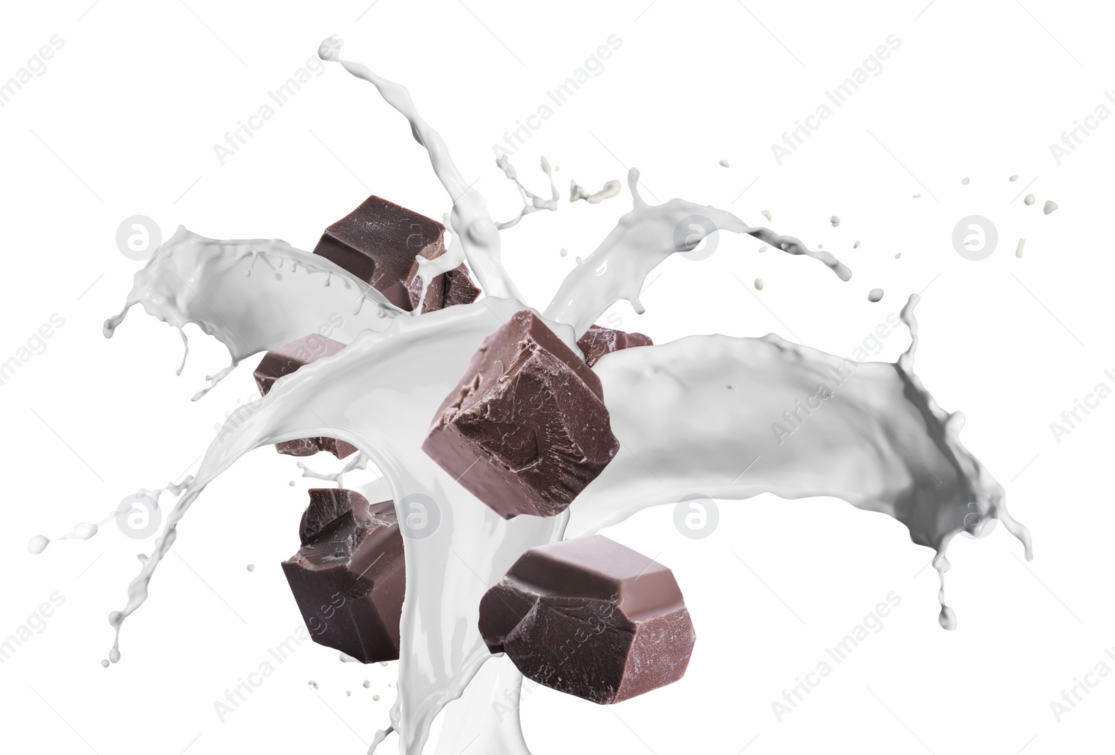 Image of Delicious chocolate and splashes of milk on white background