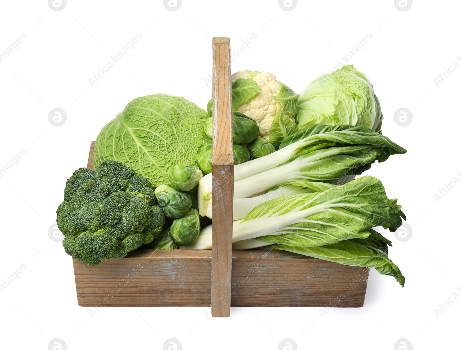 Photo of Wooden crate with different types of fresh cabbage on white background