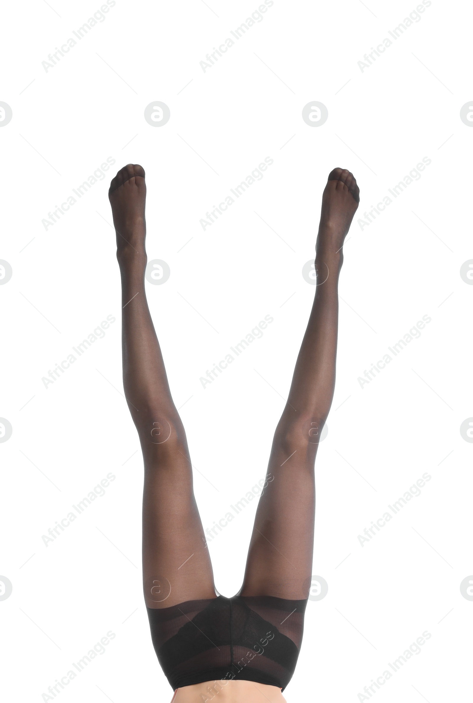 Photo of Woman wearing black tights isolated on white, closeup of legs