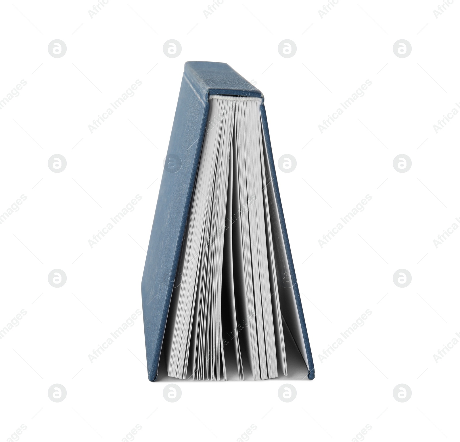 Photo of Open hardcover book with blank pages on white background