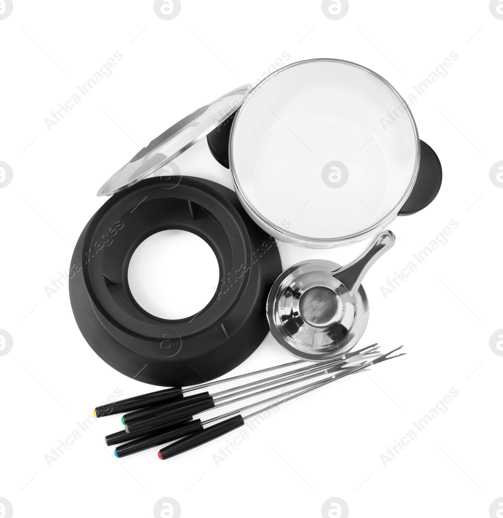 Photo of Fondue set isolated on white, top view. Kitchen equipment