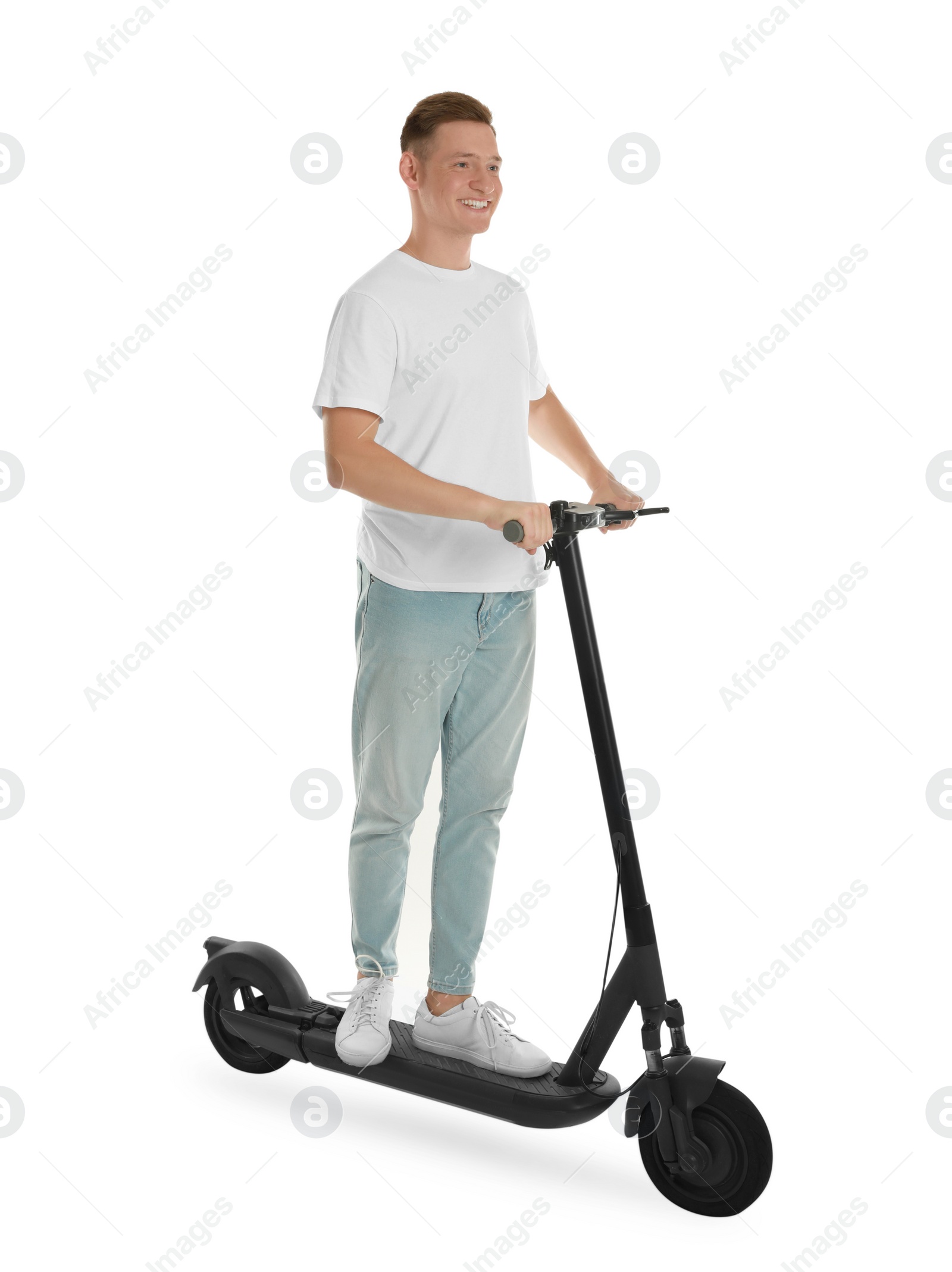 Photo of Happy man riding modern electric kick scooter on white background