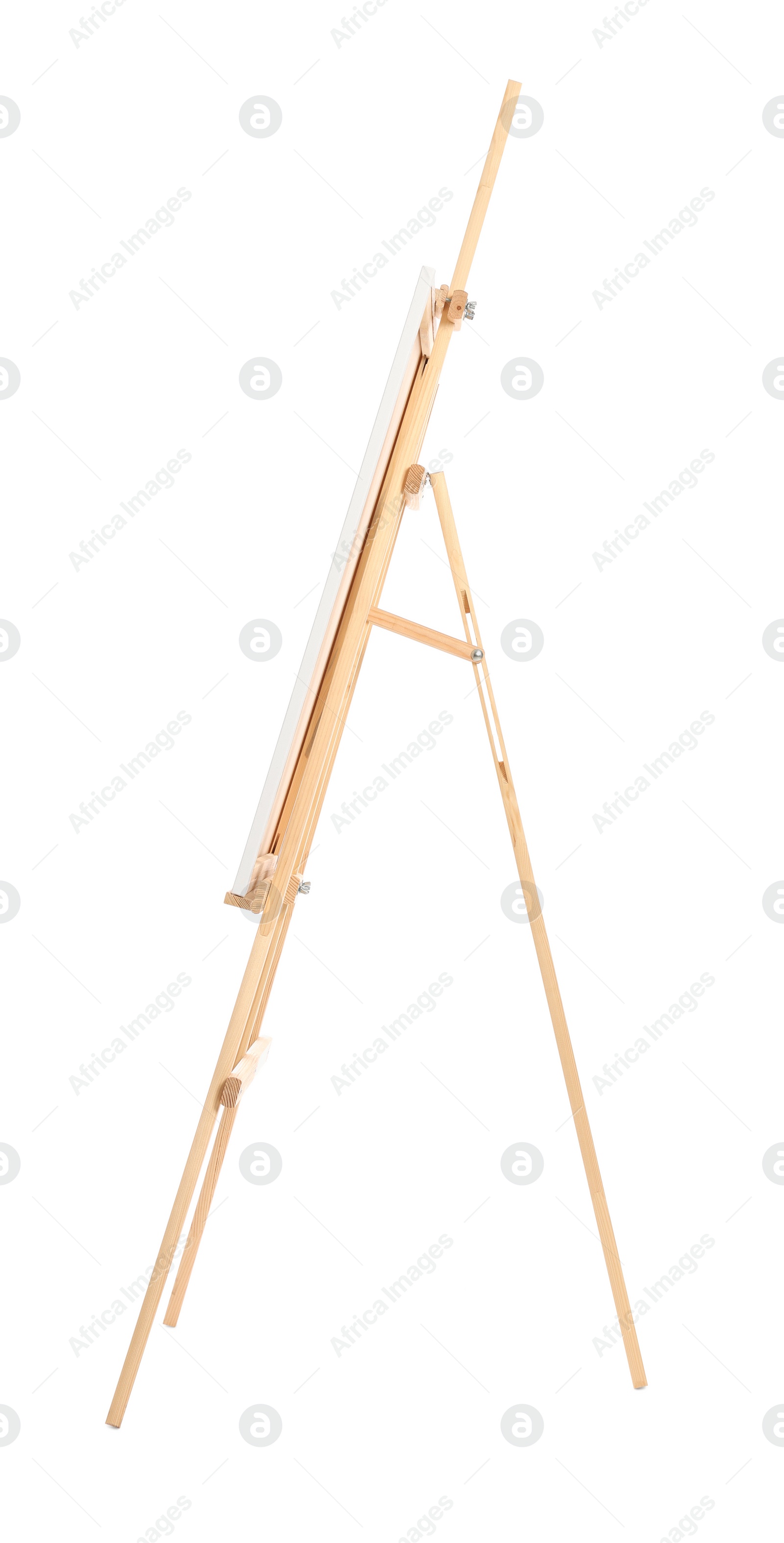 Photo of Wooden easel with canvas isolated on white