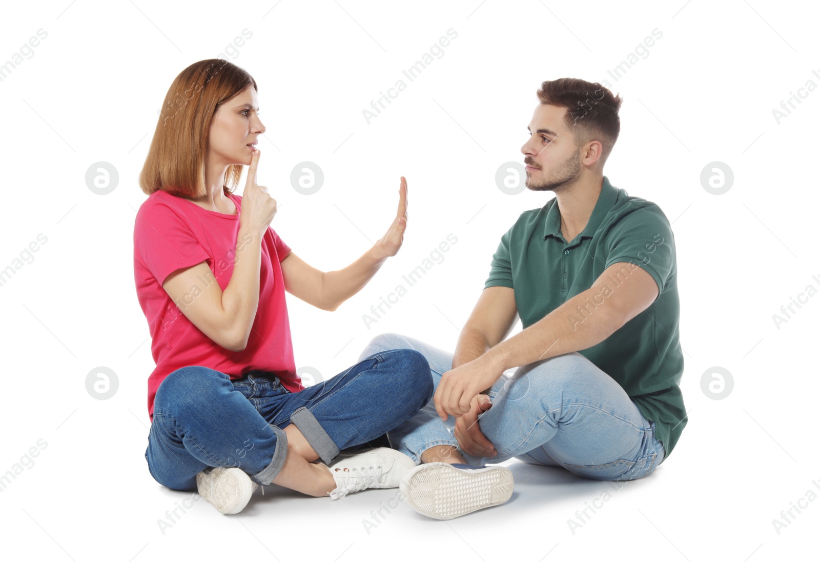 Photo of Hearing impaired friends using sign language for communication isolated on white