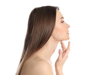 Beautiful young woman with dry skin on white background