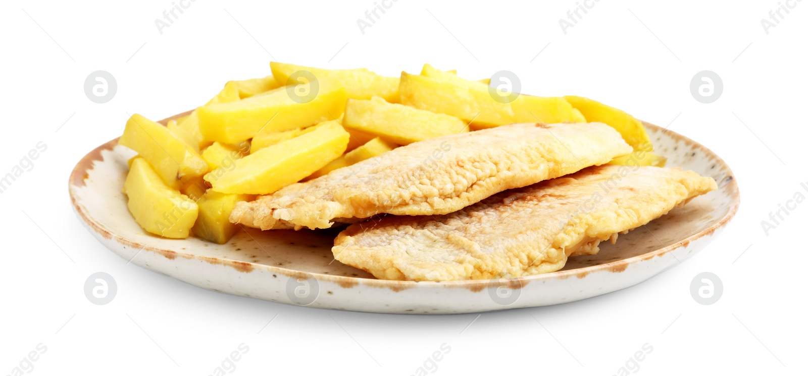 Photo of Delicious fish and chips isolated on white