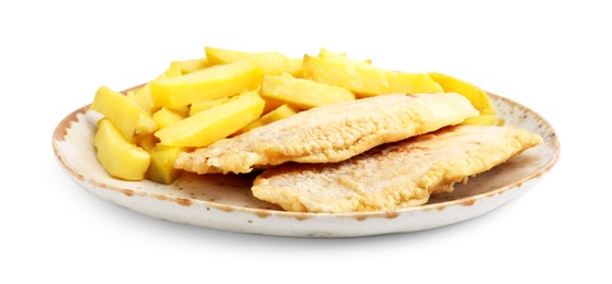 Photo of Delicious fish and chips isolated on white
