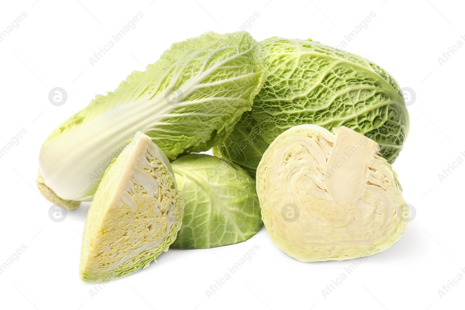 Photo of Different whole and cut types of cabbage on white background