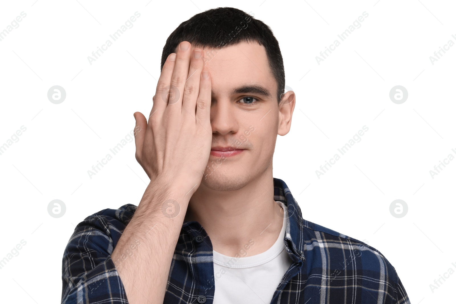 Photo of Young man covering his eye on white background