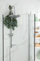 Branches with green eucalyptus leaves in shower