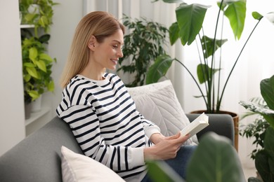 Photo of Woman reading book on sofa near beautiful potted houseplants at home