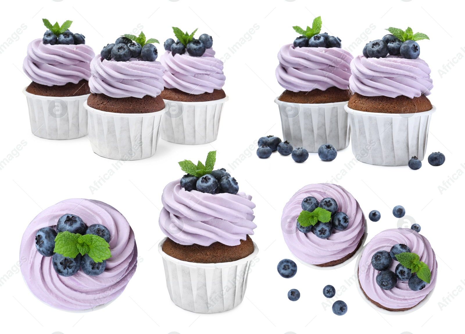 Image of Set with delicious cupcakes on white background