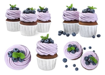 Set with delicious cupcakes on white background