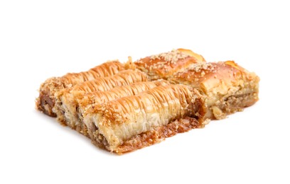 Photo of Eastern sweets. Pieces of tasty baklava isolated on white