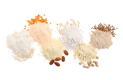 Photo of Different types of flours on white background, top view