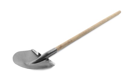 Photo of One new shovel with wooden handle isolated on white. Gardening tool