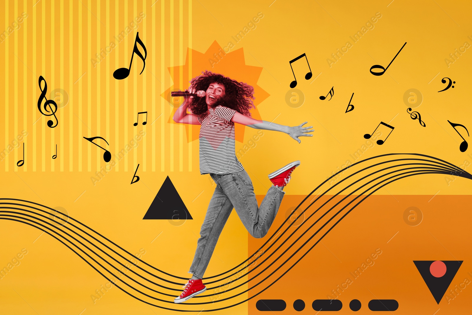 Image of Creative collage for performance poster with woman singing and jumping on bright background