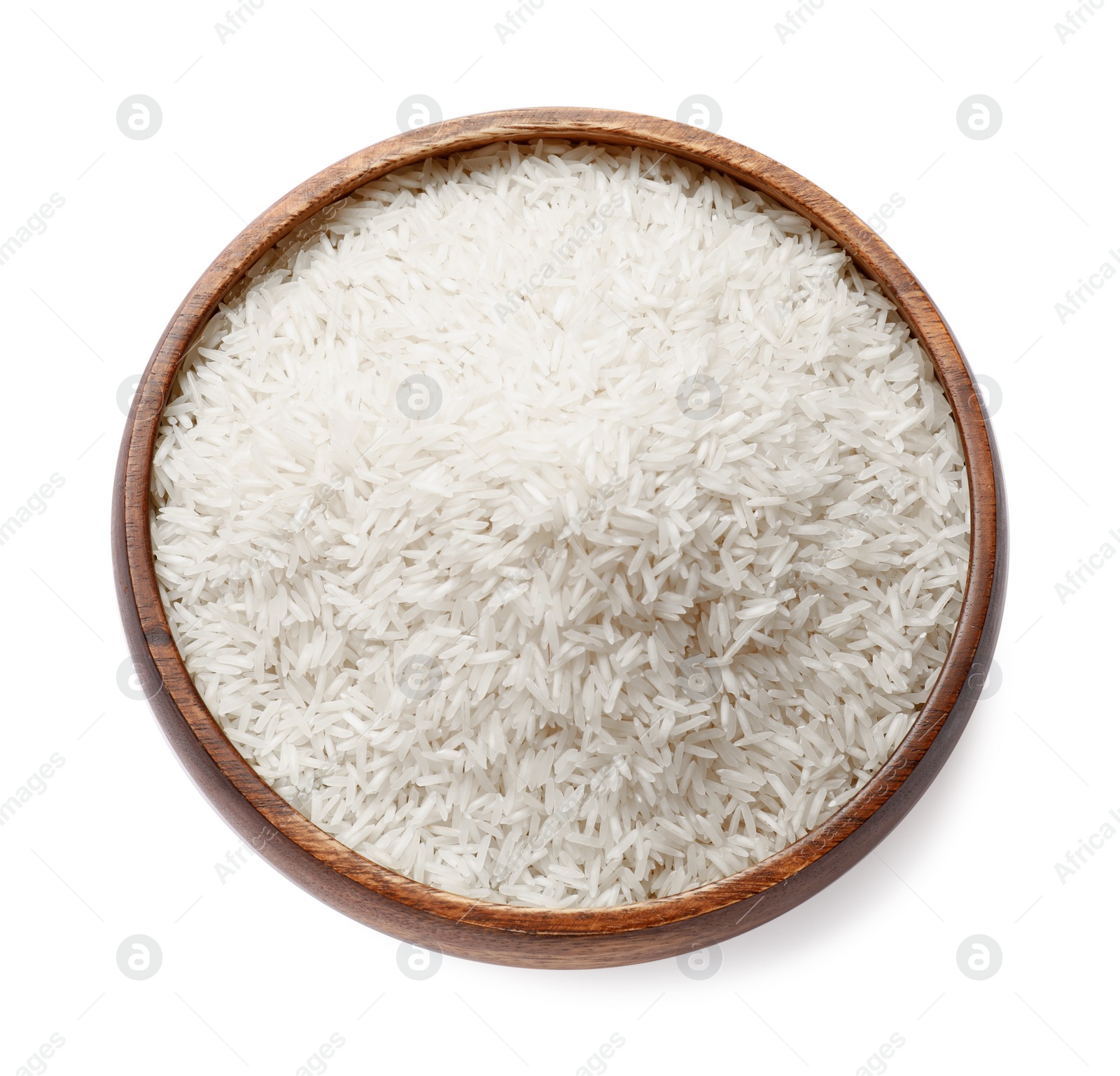 Photo of Raw basmati rice in bowl isolated on white, top view