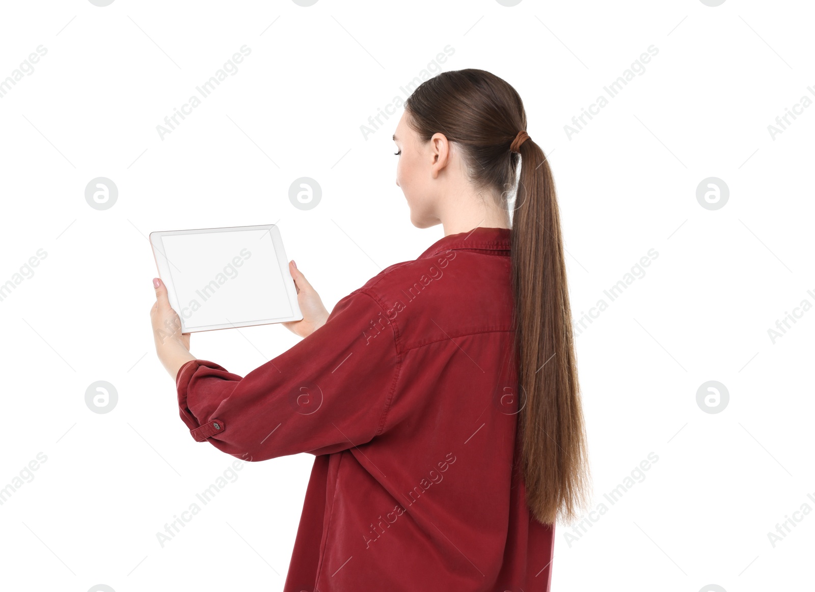 Photo of Woman holding tablet with blank screen on white background. Mockup for design