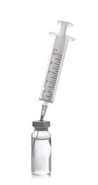 Photo of Disposable syringe with needle and vial on white background