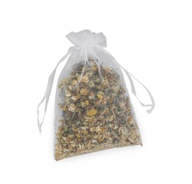 Scented sachet with dried chamomile flowers isolated on white, top view