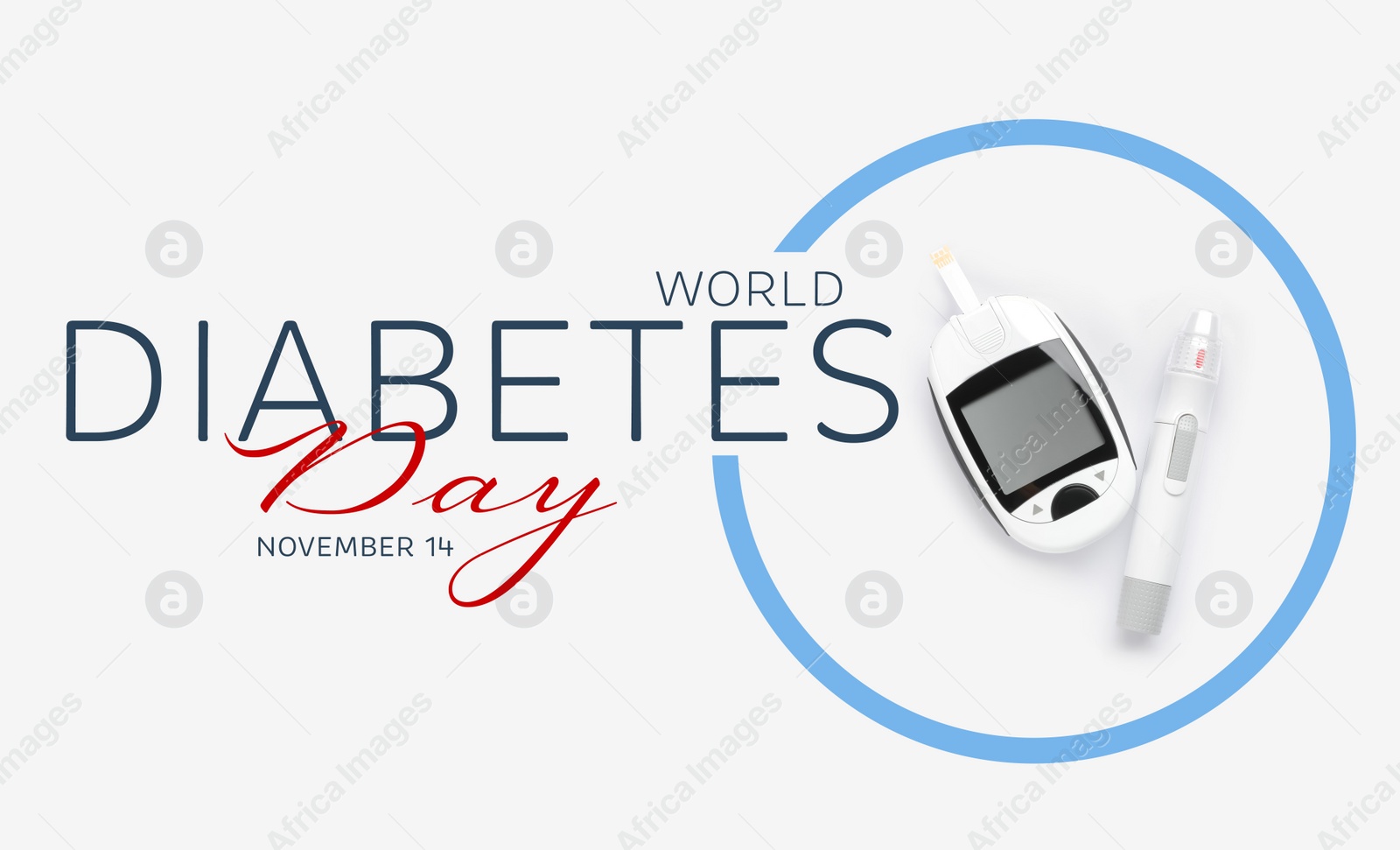 Image of World Diabetes Day. Digital glucometer, test strip and lancet pen on white background, top view. Banner design