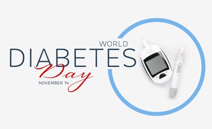 Image of World Diabetes Day. Digital glucometer, test strip and lancet pen on white background, top view. Banner design