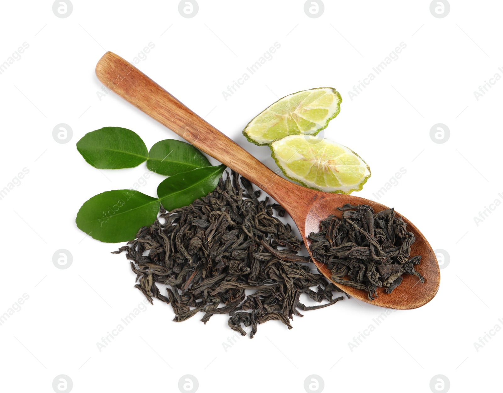 Photo of Dry bergamot tea leaves, wooden spoon and fresh fruit on white background, top view