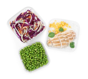 Photo of Plastic containers with fresh food on white background, top view