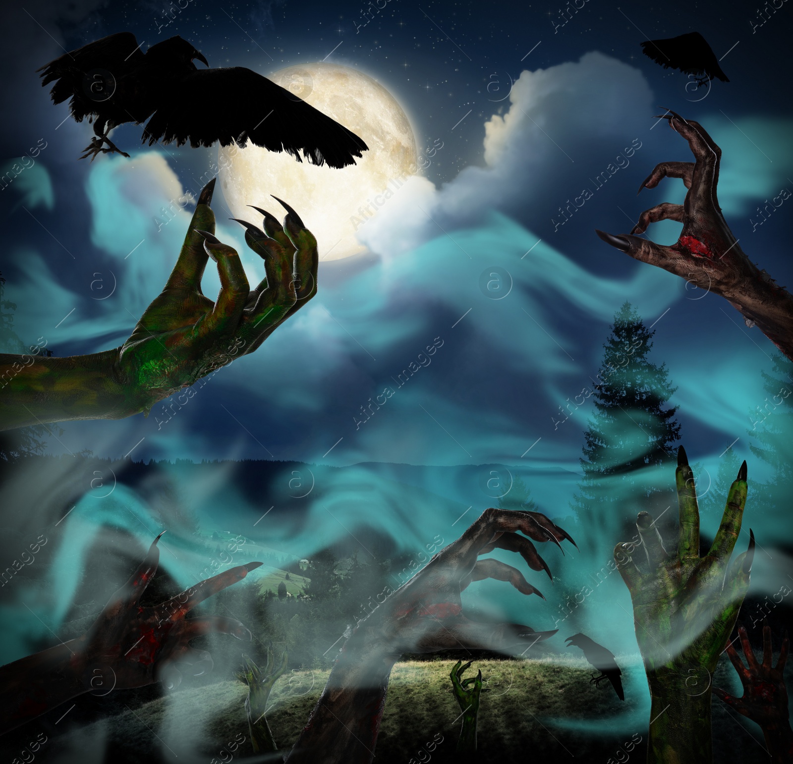 Image of Scary zombies and monsters with crows under full moon on Halloween night