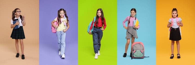 Image of Schoolgirl on color backgrounds, set of photos