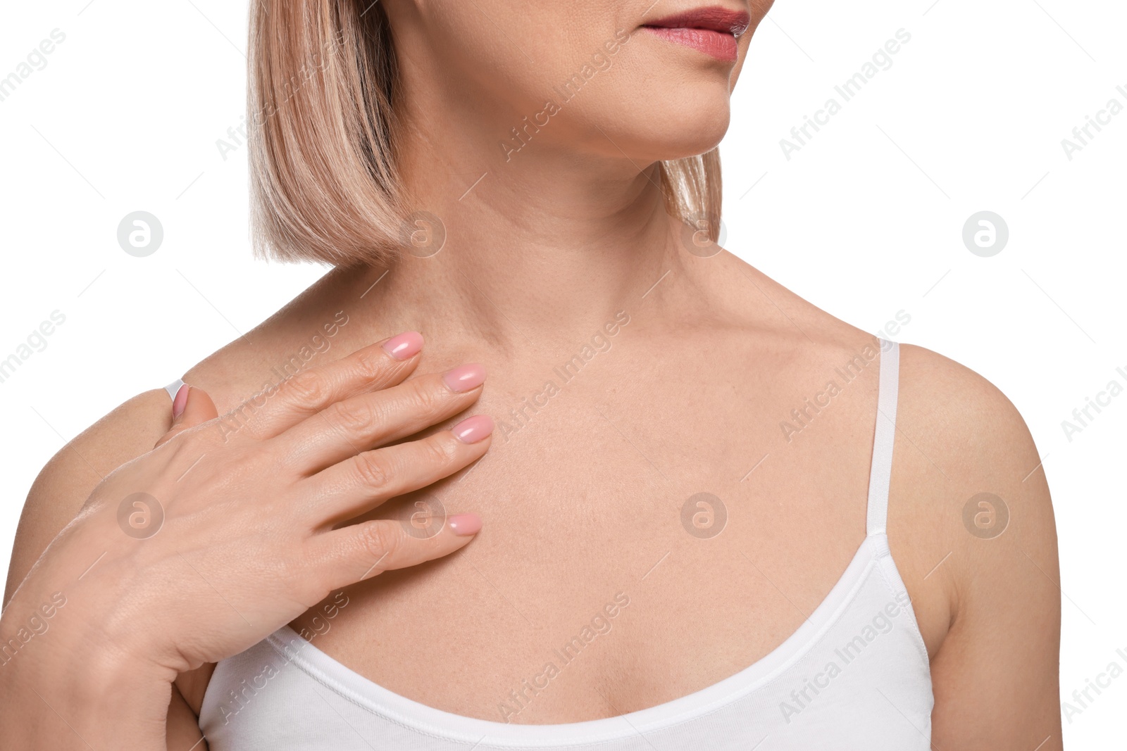 Photo of Woman with healthy skin on white background, closeup