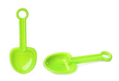 Green plastic toy shovels on white background, collage